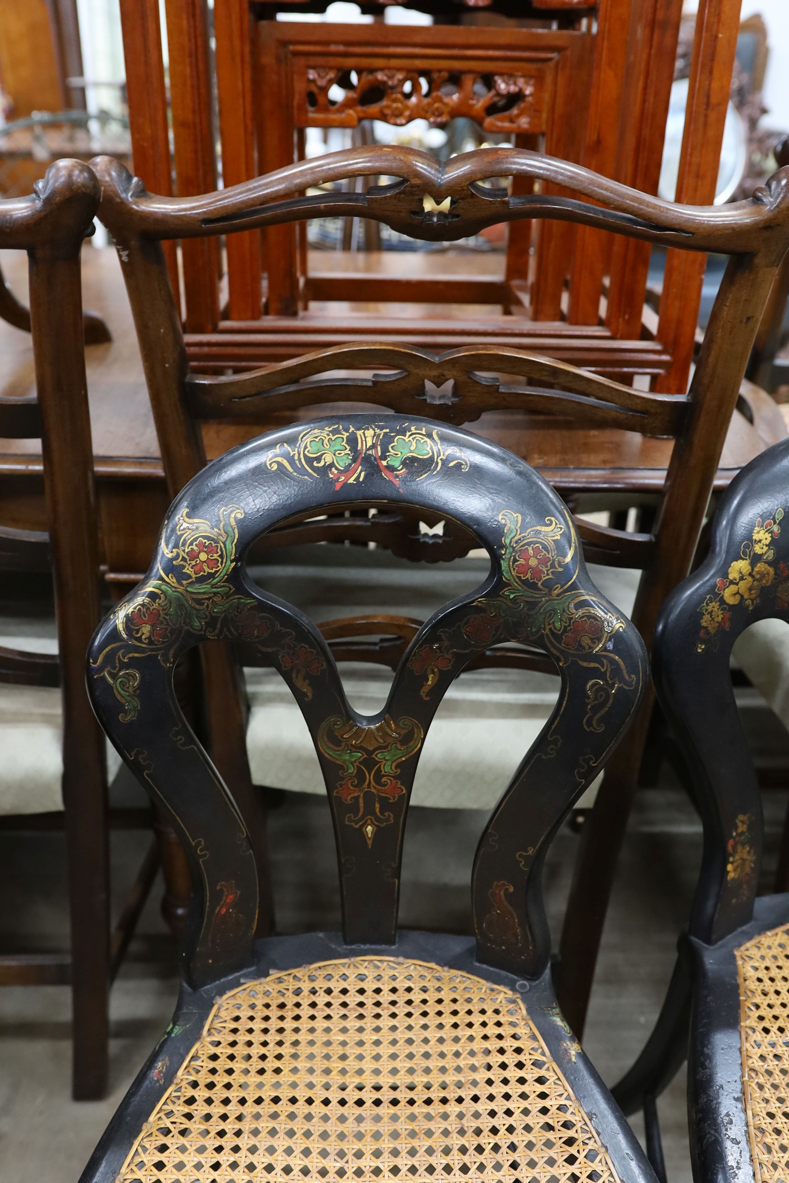 A pair of Victorian cane seated papier mache bedroom chairs